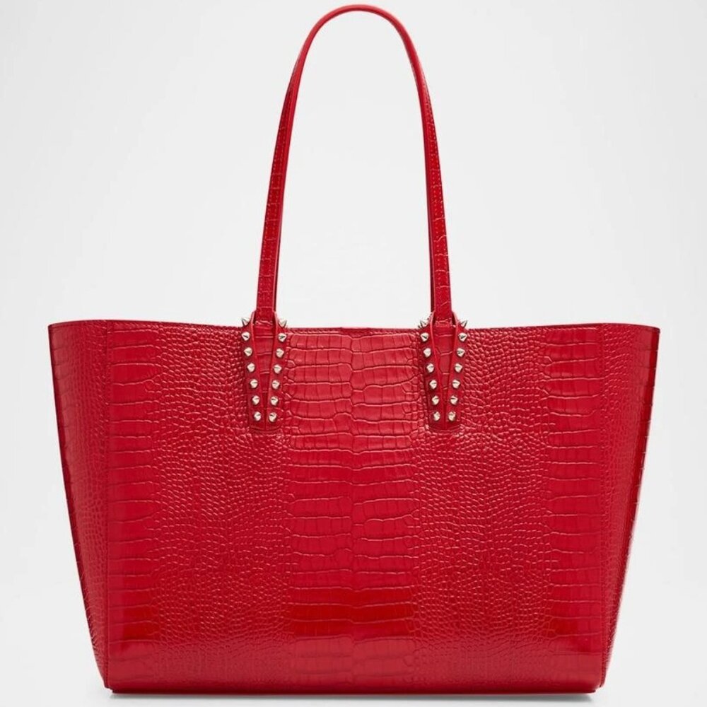 Christian Louboutin CABATA Spiked Studded Croc Leather Tote Bag w. Pouch